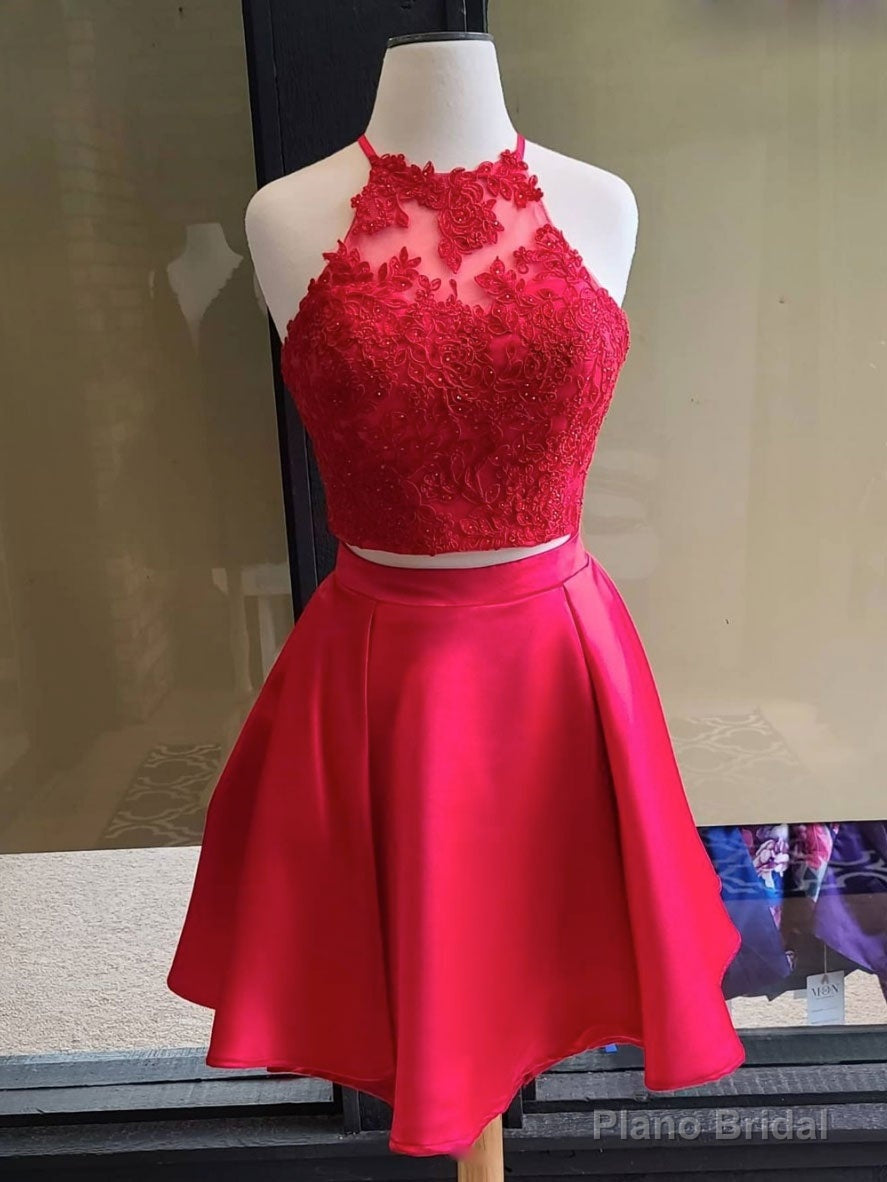 Simple red two pieces short lace prom dress, red homecoming dress Main image