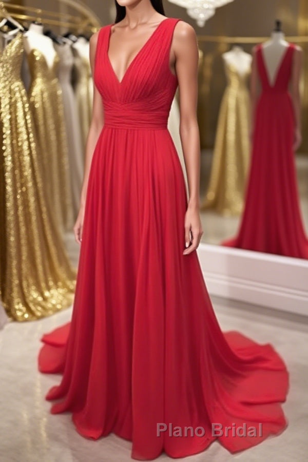 Simple Red V Neck and V Back Chiffon Long Formal Prom Dress, V Neck Red Long Evening Dress, Red Formal Dress, Graduation Dress Main image