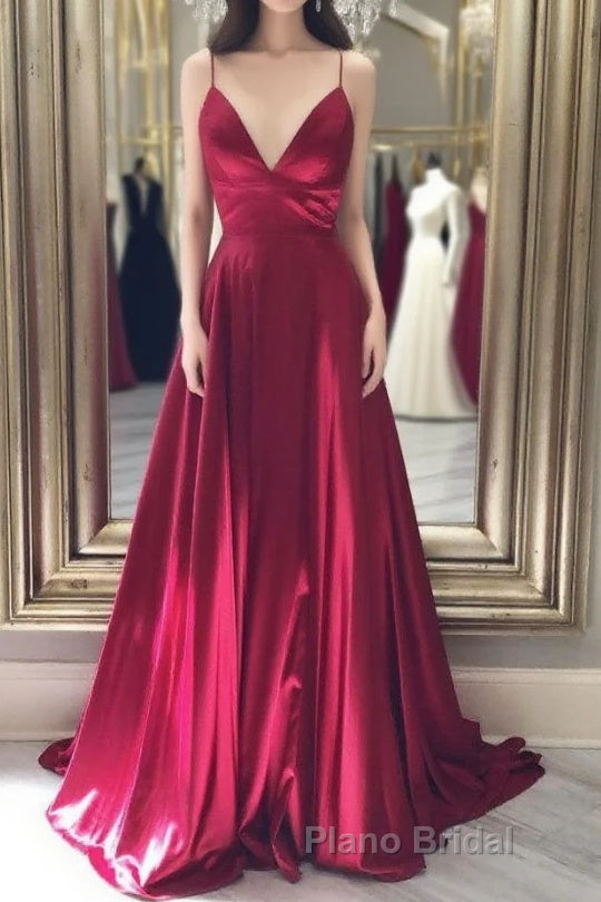 Simple red v neck satin long Formal Prom dress, red evening dress Main image