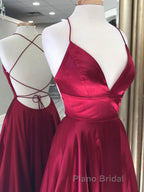 Simple red v neck satin long Formal Prom dress, red evening dress