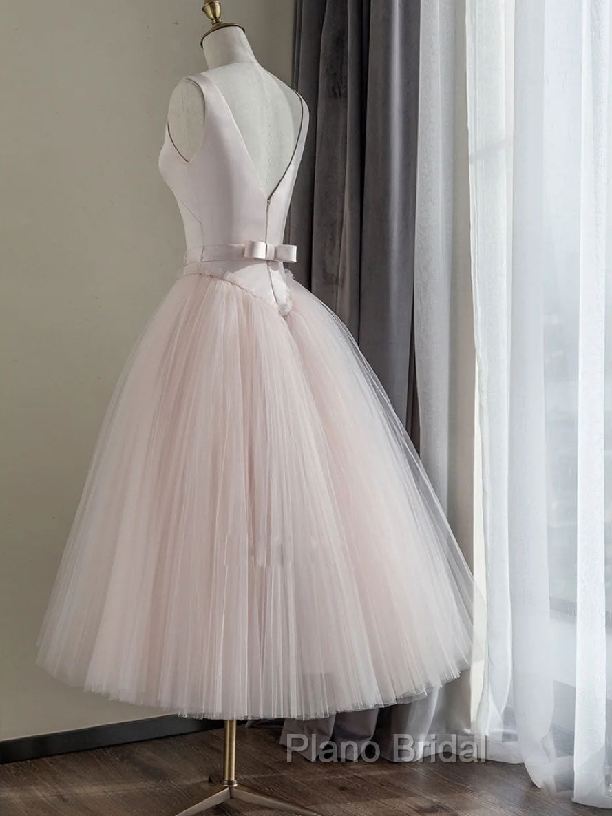 Simple Round Neck Satin Short Formal Prom Dresses, Pink Tulle Bridesmaid Dresses Secondary image
