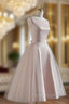 Simple Round Neck Satin Short Formal Prom Dresses, Pink Tulle Bridesmaid Dresses