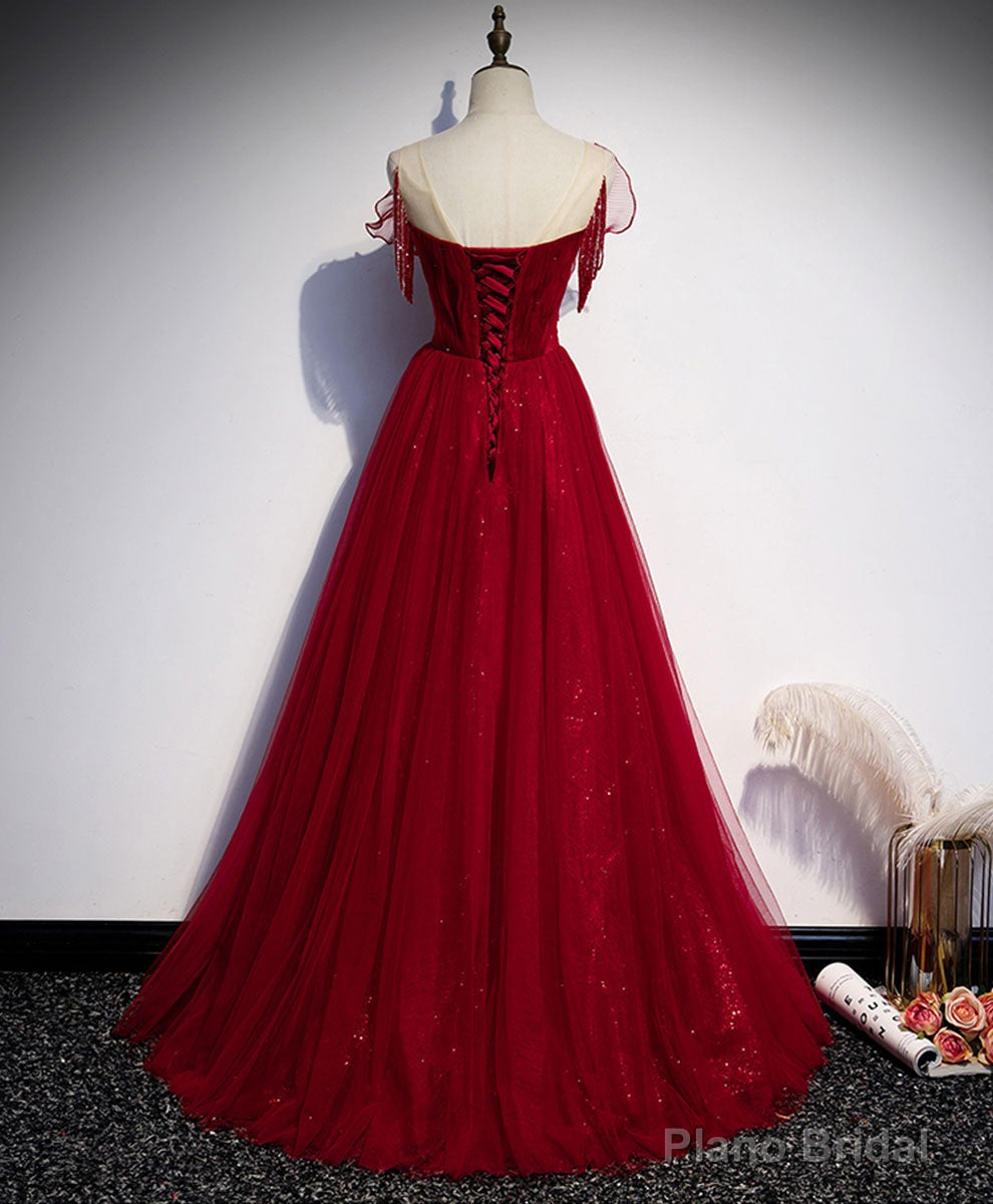 Simple Round Neck Tulle Burgundy Long Prom Dress, Burgundy Formal Dresses Main image