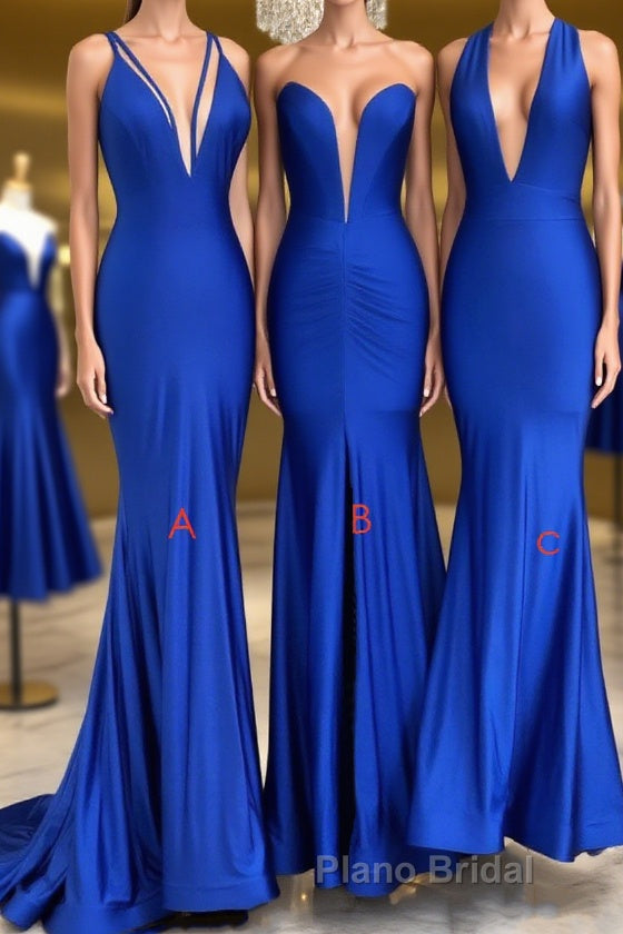 Simple Royal blue v neck mermaid long Formal Prom dress blue evening dress