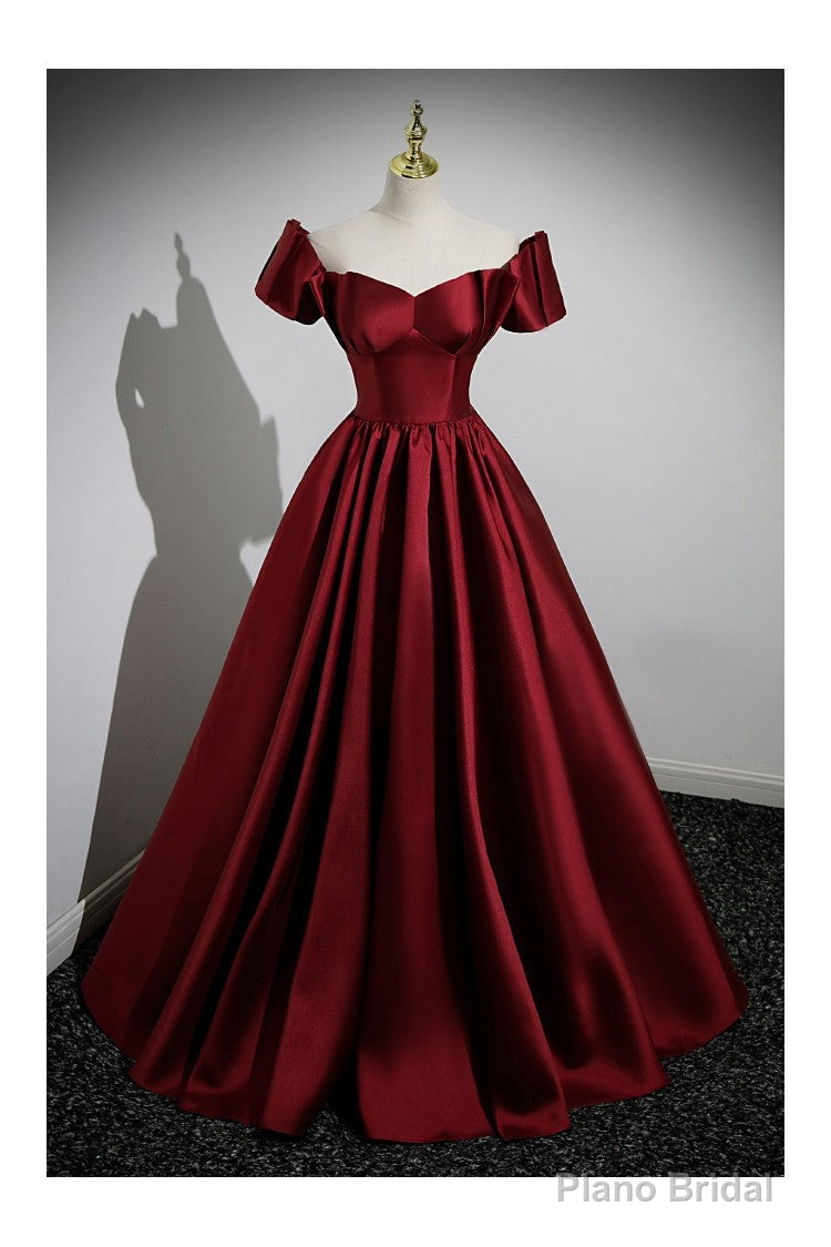 Simple Satin Burgundy Long Evening Gown with Short Sleeves Main image