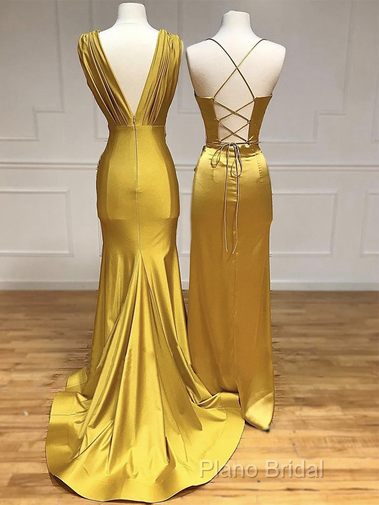 Simple Satin Gold Long Formal Prom Dresses, Gold Satin Long Formal Dresses