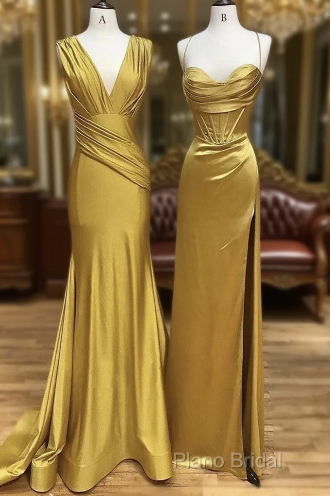 Simple Satin Gold Long Formal Prom Dresses, Gold Satin Long Formal Dresses Main image