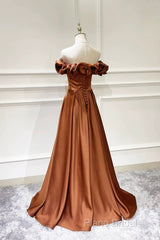 Simple Satin Long Formal Prom Dresses, Off The Shoulder V-Neck Formal Dresses
