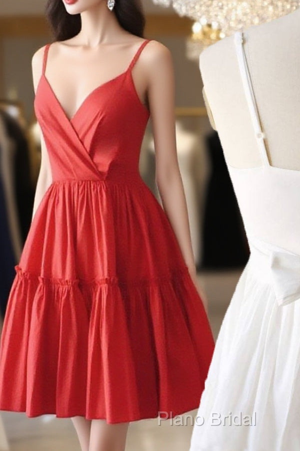 Simple Satin Red Short Formal Prom Dresses Red Cocktail Dresses Main image