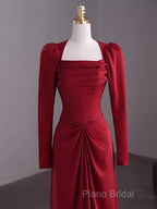 Simple Sheath Long Sleeves Red Formal Prom Dresses Formal Dresses