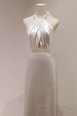 Simple Sheath Satin White Long Wedding Dresses Backless Brides Dresses