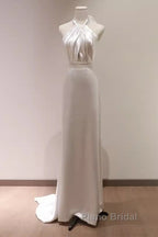 Simple Sheath Satin White Long Wedding Dresses Backless Brides Dresses