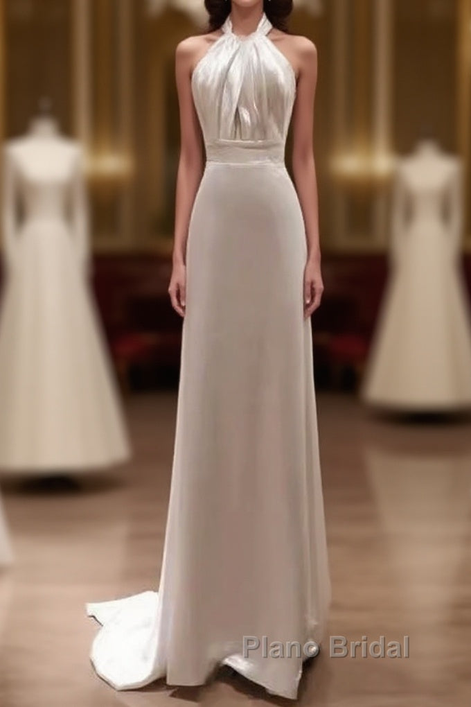Simple Sheath Satin White Long Wedding Dresses Backless Brides Dresses Main image