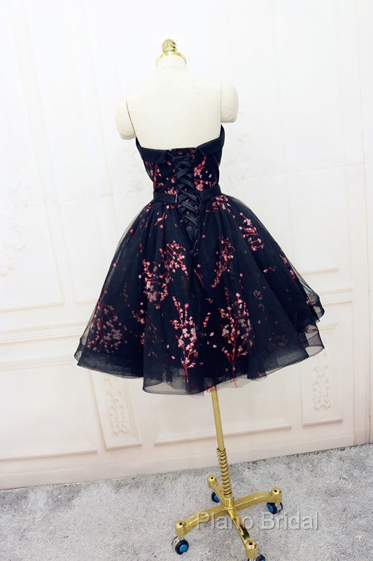 Simple Short Black Tulle Party Dresses With Floral, Lovely Short Formal Prom Dresses Secondary image