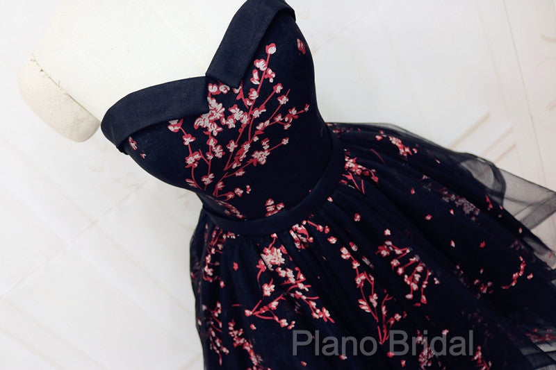 Simple Short Black Tulle Party Dresses With Floral, Lovely Short Formal Prom Dresses