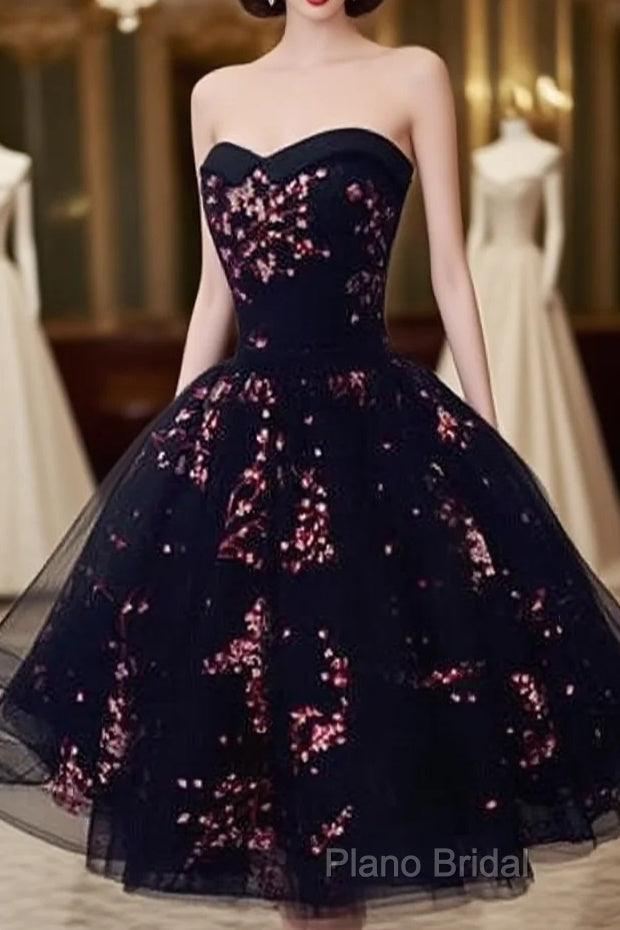 Simple Short Black Tulle Party Dresses With Floral, Lovely Short Formal Prom Dresses Main image