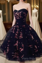 Simple Short Black Tulle Party Dresses With Floral, Lovely Short Formal Prom Dresses