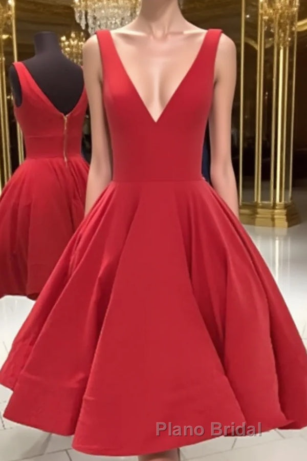 Simple Short V Neck Red Satin Formal Prom Dresses, Short Red Formal Homecoming Dresses Main image