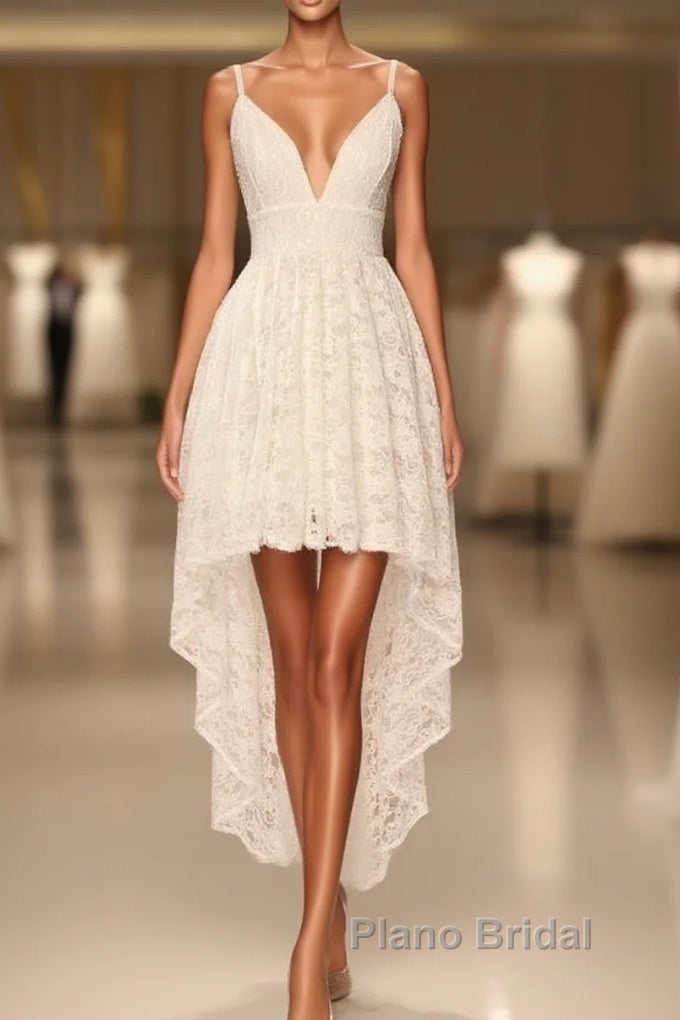 Simple Spaghetti Straps Hi-Lo Formal Prom Dresses,White Lace Formal Prom Dresses Main image