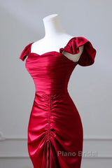 Simple Sweetheart Neck Satin Burgundy Long Formal Prom Dresses, Burgundy Long Formal Dresses