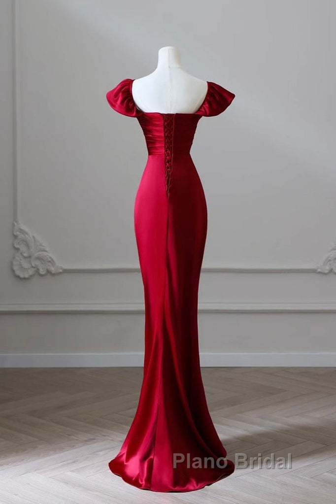 Simple Sweetheart Neck Satin Burgundy Long Formal Prom Dresses, Burgundy Long Formal Dresses