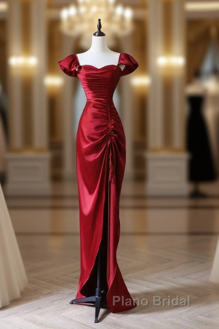 Simple Sweetheart Neck Satin Burgundy Long Formal Prom Dresses, Burgundy Long Formal Dresses Main image