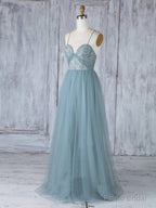 Simple Sweetheart Neck Tulle Lace Long Prom Dresses, Gray Blue Bridesmaid Dresses