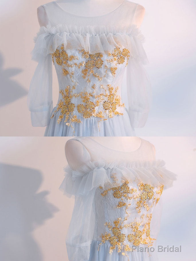 Simple Tulle Lace Gray Blue Prom Dresses, Tea Length Lace Bridesmaid Dresses