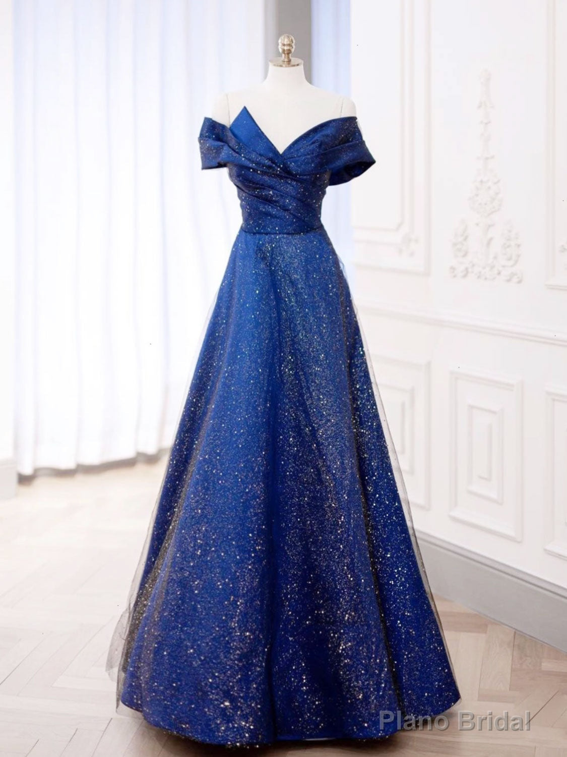 Simple Tulle Satin Dark Blue Long Prom Dress, Blue Formal Evening Dress Main image