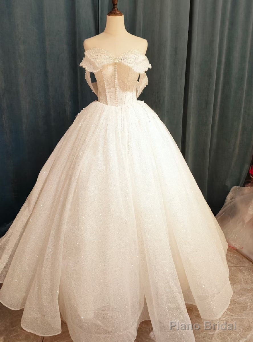 Simple Tulle Sequins Off the Shoulder Pearls Wedding Dress Main image