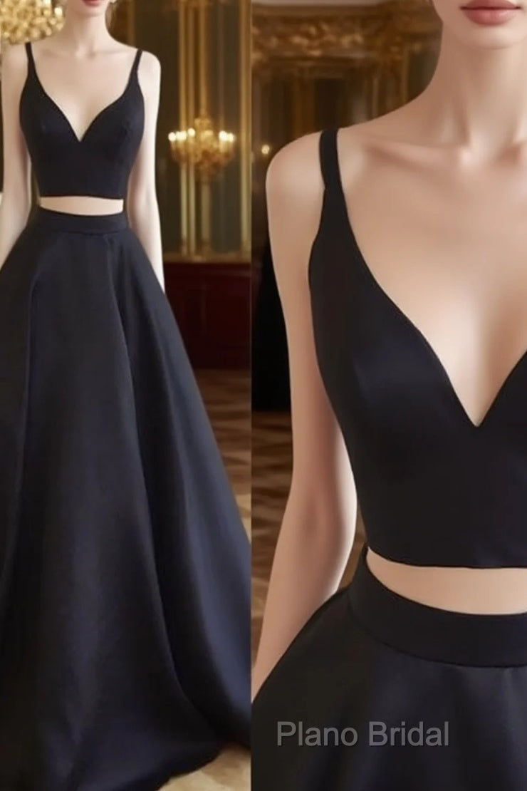 Simple Two Pieces Black Long Formal Prom Dresses, Black Formal Dresses