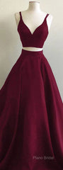 Simple Two Pieces Burgundy Long Formal Prom Dresses, Burgundy Formal Dresses