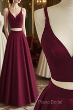 Simple Two Pieces Burgundy Long Formal Prom Dresses, Burgundy Formal Dresses