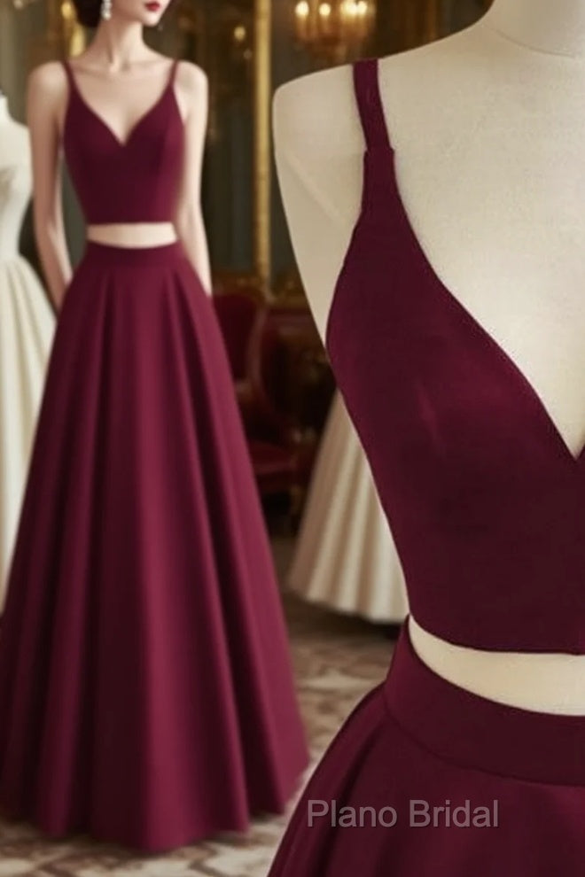 Simple Two Pieces Burgundy Long Formal Prom Dresses, Burgundy Formal Dresses