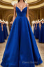Simple V Neck Backless Royal Blue Satin Long Formal Prom Dress, Royal Blue Backless Formal Dress, Royal Blue Evening Dress, Ball Gown