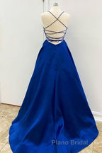Simple V Neck Backless Royal Blue Satin Long Formal Prom Dress, Royal Blue Backless Formal Dress, Royal Blue Evening Dress, Ball Gown