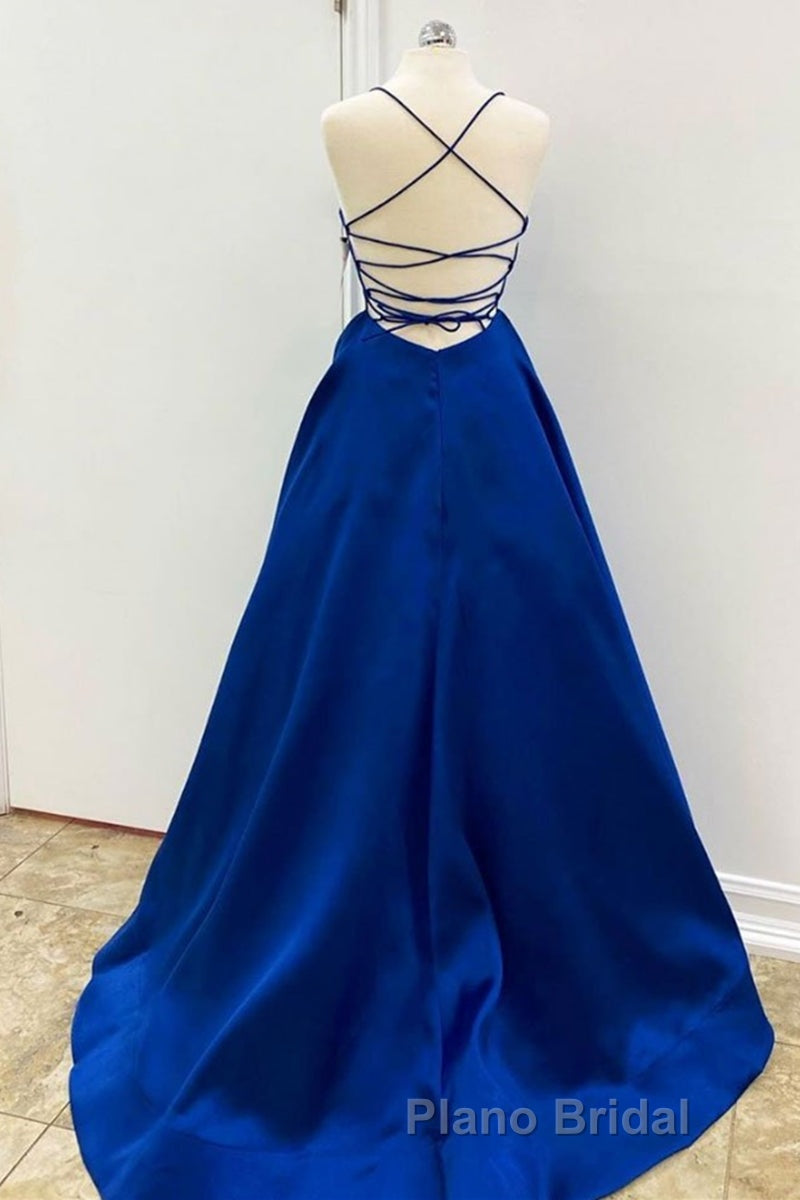Simple V Neck Backless Royal Blue Satin Long Formal Prom Dress, Royal Blue Backless Formal Dress, Royal Blue Evening Dress, Ball Gown
