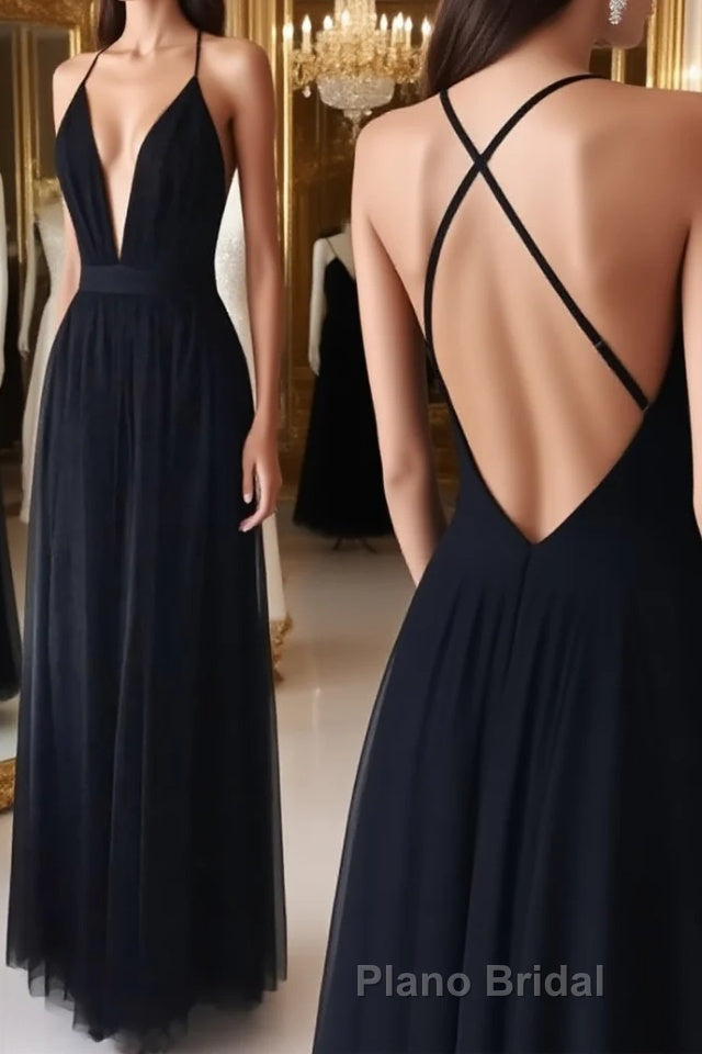 Simple v neck black tulle long Formal Prom dress, black evening dress