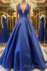 Simple V Neck Blue Satin Long Formal Prom Dress, V Neck Blue Formal Dress, Cheap Blue Evening Dress