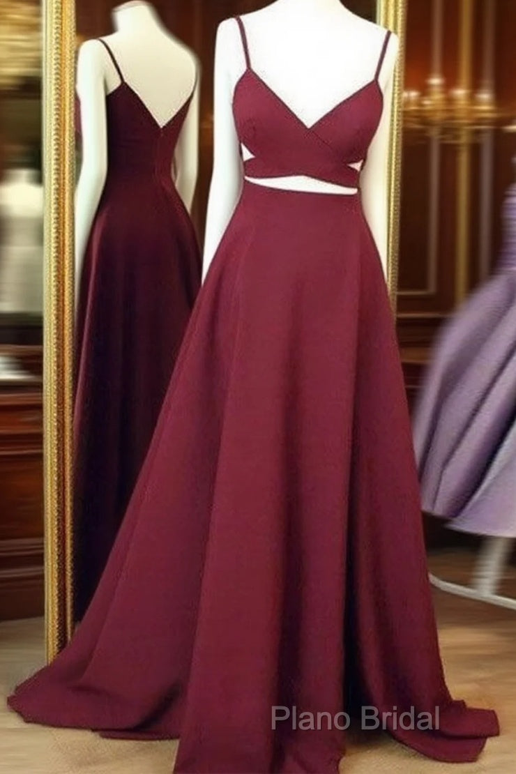 Simple V Neck Burgundy Long Formal Prom Dresses, Burgundy Formal Dresses Main image