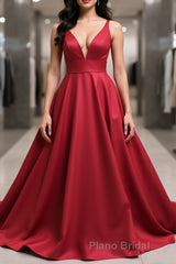 Simple v neck burgundy satin long Formal Prom dress  burgundy formal dress