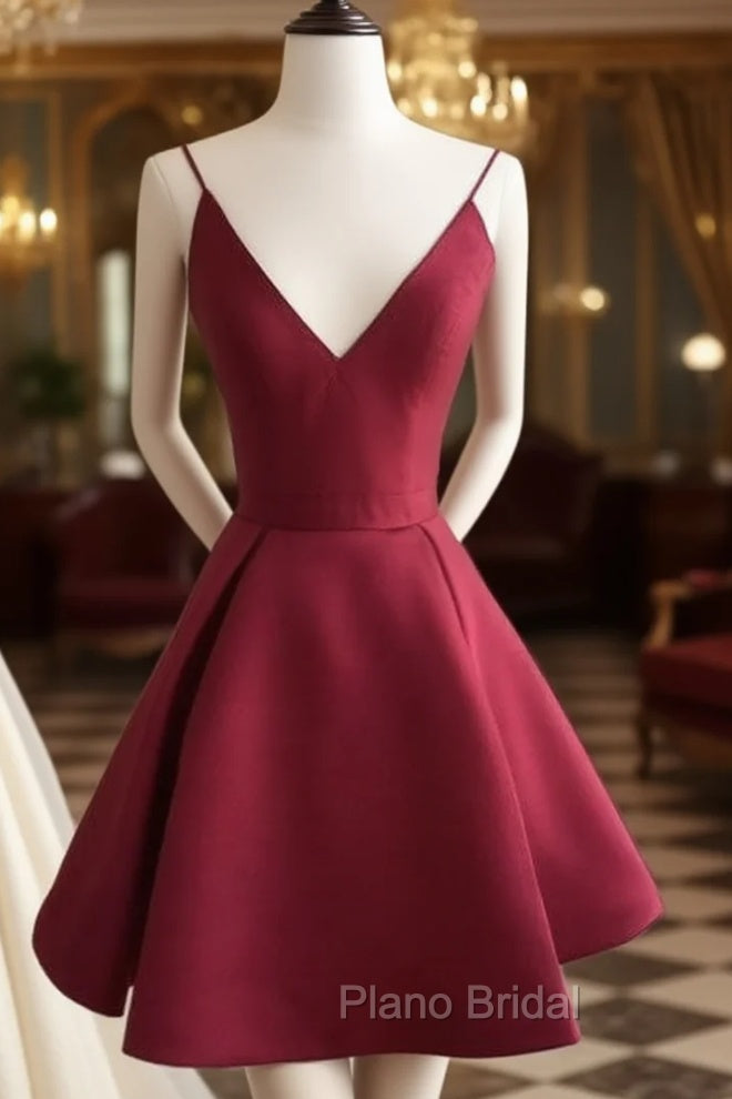 Simple V Neck Burgundy Short Formal Prom Dresses, Burgundy Homecoming Dresses Main image