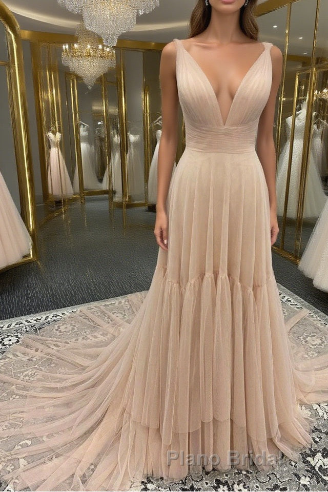 Simple v neck champagne tulle long Formal Prom dress, champagne evening dress Main image