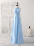 Simple V Neck Chiffon Blue Long Prom Dress Blue Bridesmaid Dress