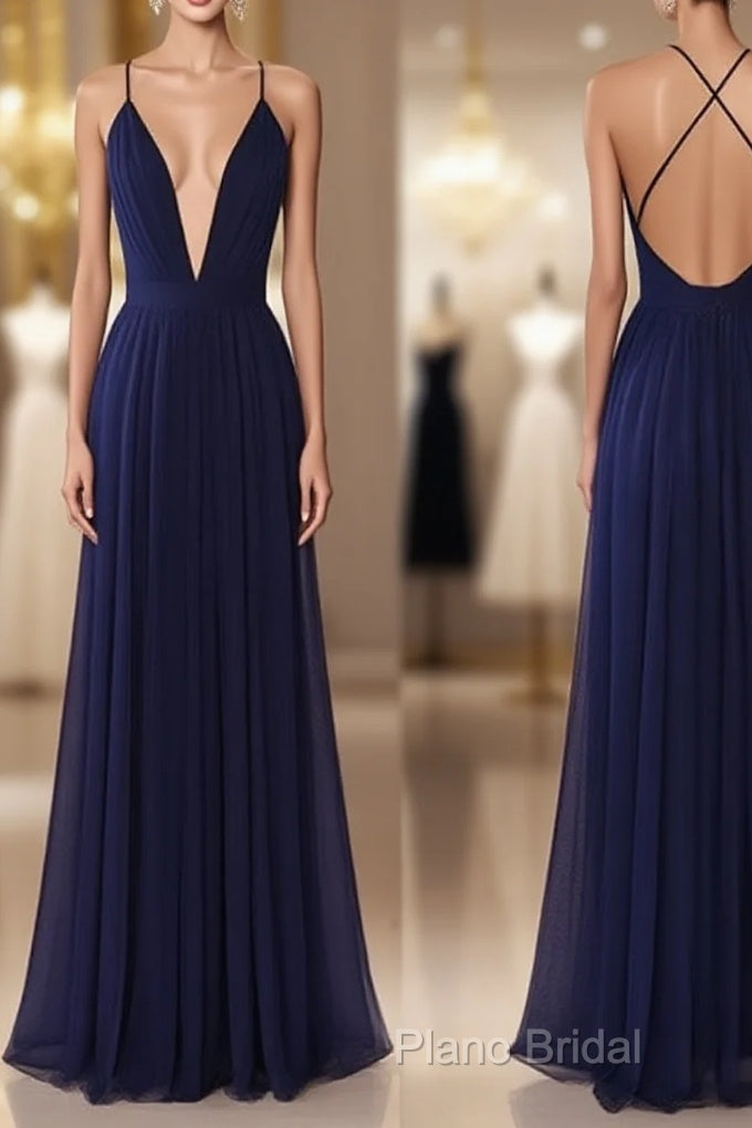 Simple V Neck Dark Blue Tulle Long Formal Prom Dresses, Formal Dresses