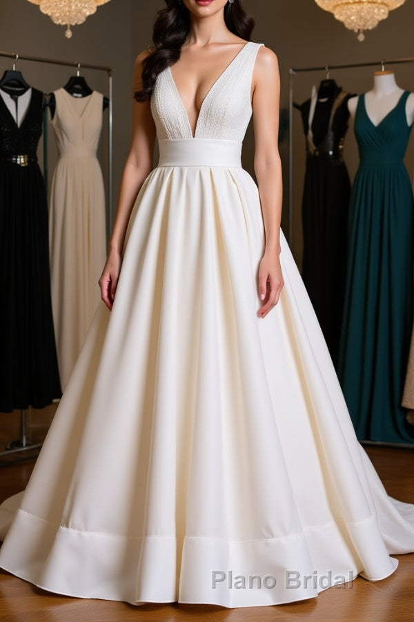 Simple V Neck Ivory Satin Long Formal Prom Dress, Open Back Ivory Formal Evening Dress, Ivory Wedding Dress Main image