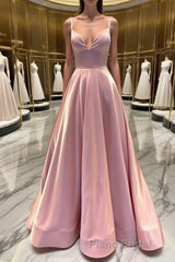 Simple v neck pink satin long Formal Prom dress pink formal dress