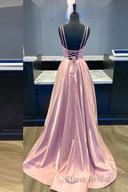Simple v neck pink satin long Formal Prom dress pink formal dress