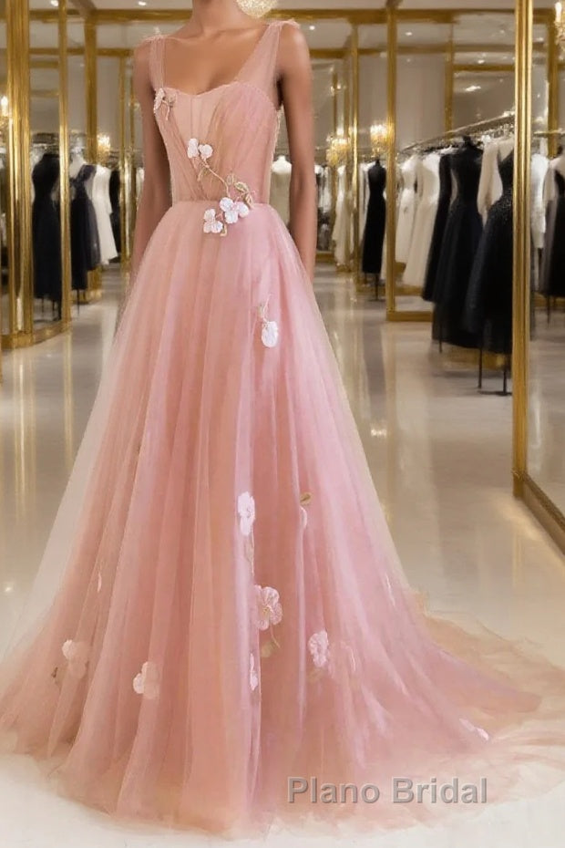 Simple v neck pink tulle long Formal Prom dress, pink evening dress Main image