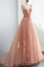 Simple V Neck Pink Tulle Long Formal Prom Dresses Pink Tulle A Line Formal Dresses